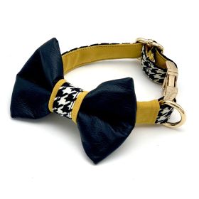 Dog Collar & Bow Tie Set (Design: Leather Mustard Houndstooth)
